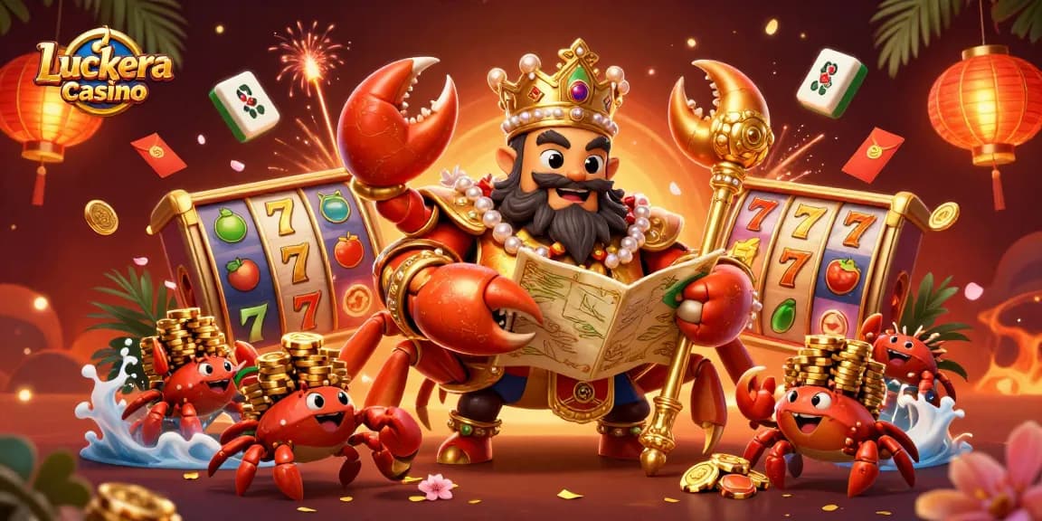Experience the excitement of Luckera casino featuring a golden crab emperor and vibrant slot elements.