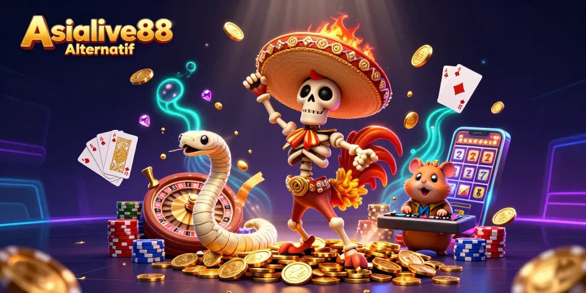 Spin the reels and win big with Asialive88 Alternatif, showcasing vibrant casino characters and dynamic game elements.
