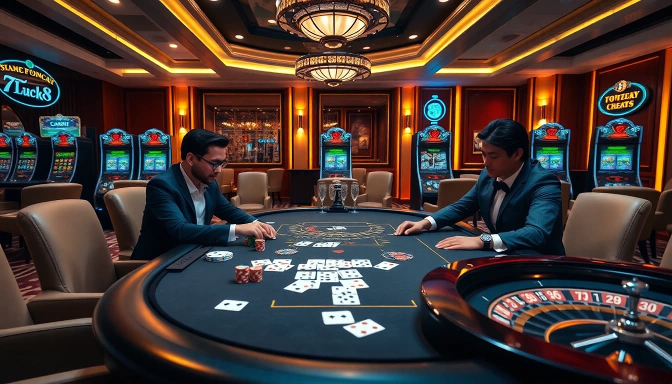 Engaged players enjoying an exciting game at the Trang chủ Luck8 online casino with poker chips and cards.
