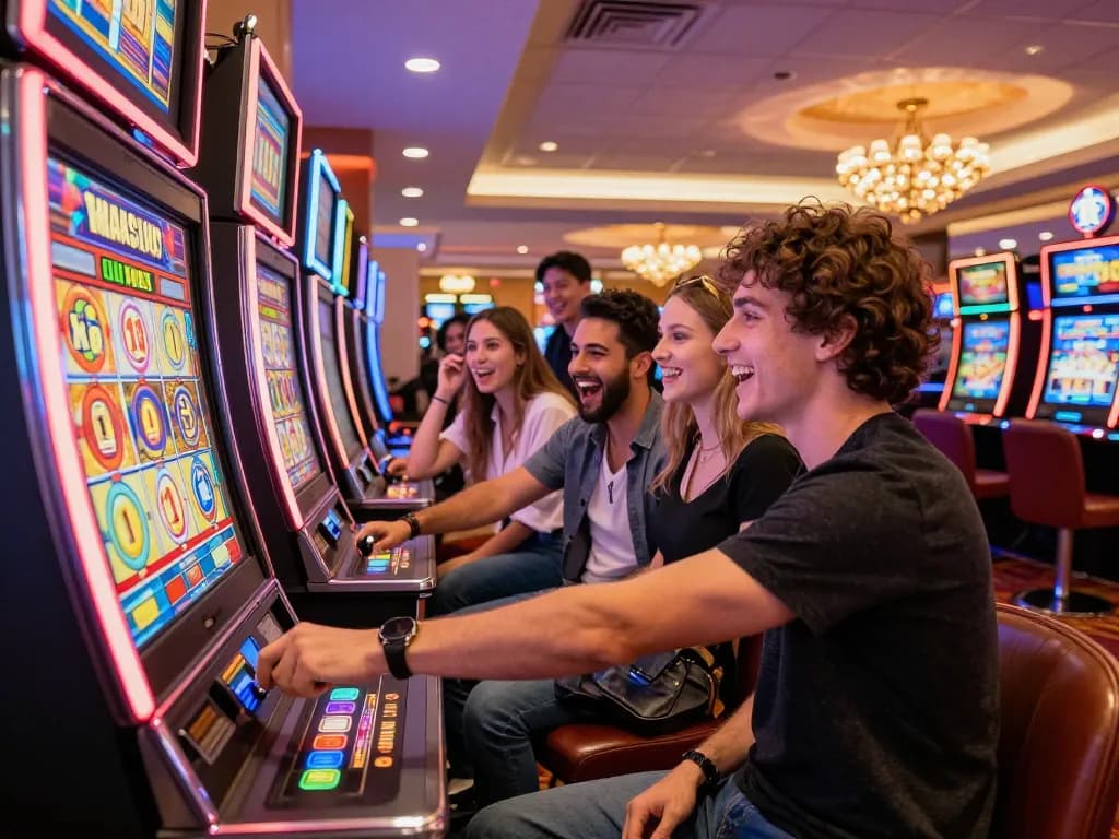 LIGALGO players engaging with colorful slot machines in a lively casino atmosphere, full of excitement.
