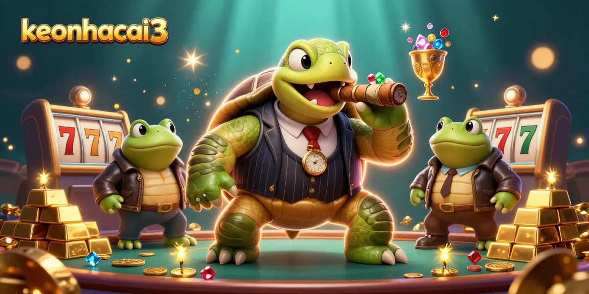 Watch the keonhacai3 mascot turtle winning big at the casino with heaps of gold and treasures!