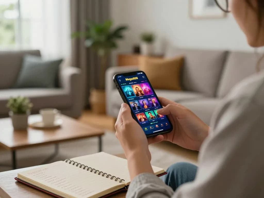 Engaging in mobile gaming with login mega888 interface displayed on smartphone, showcasing vibrant gameplay in a cozy home setting.