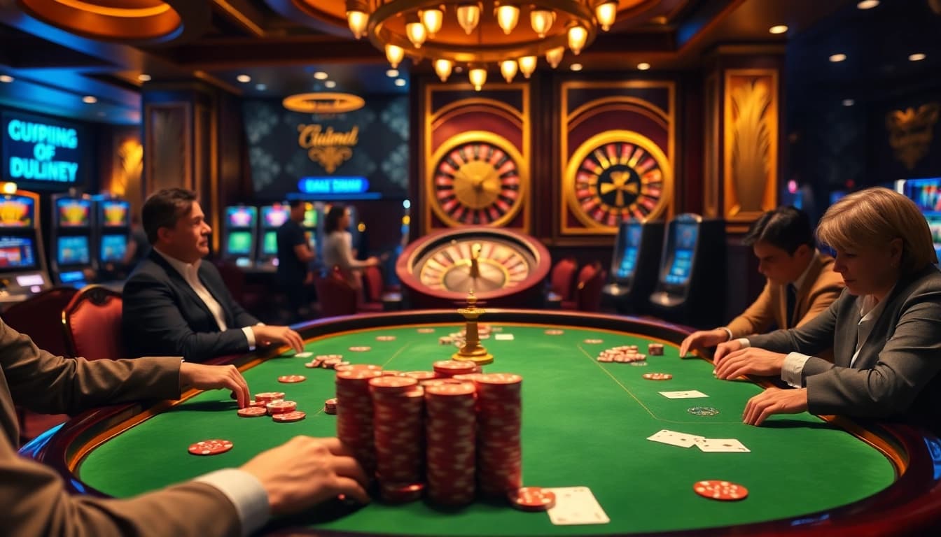 Players enjoying high-stakes poker and roulette at an upscale casino representing Okking.