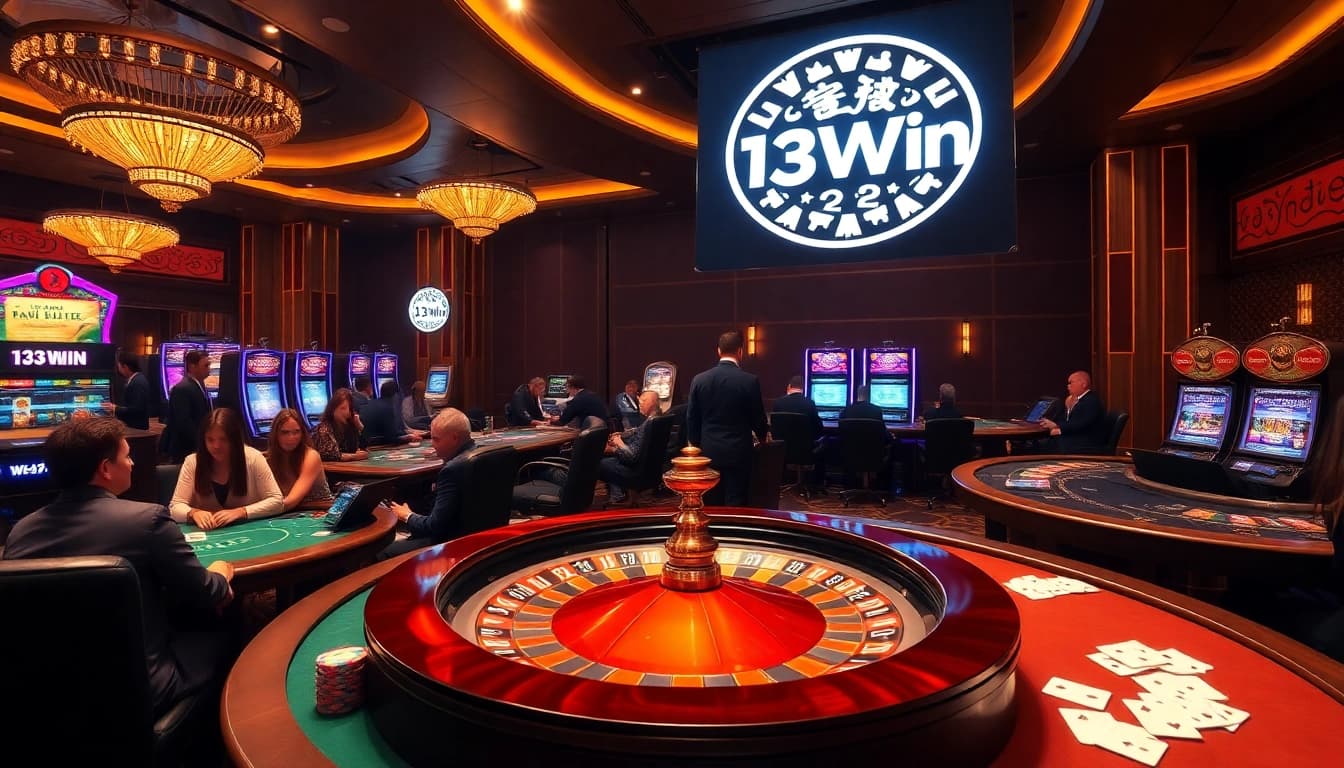 Players enjoying various games at the luxurious 13Win casino, surrounded by vibrant slot machines.