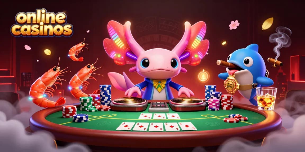 Engage with online casinos featuring a vibrant axolotl DJ surrounded by poker elements and colorful sea creatures.