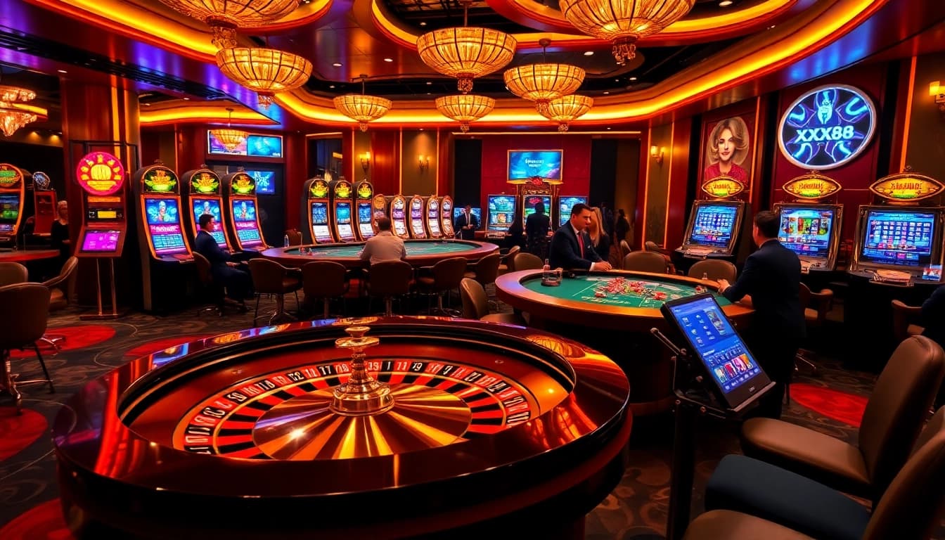 Players enjoying the excitement of XX88 casino games with vibrant roulette tables and poker hands.