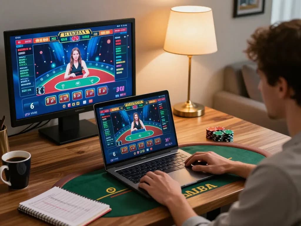 Player enjoying mpoid online blackjack experience using laptop at home desk