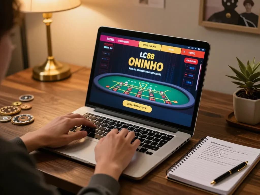 Engaged player enjoying LC88 online casino games on a laptop, showcasing strategic gameplay.