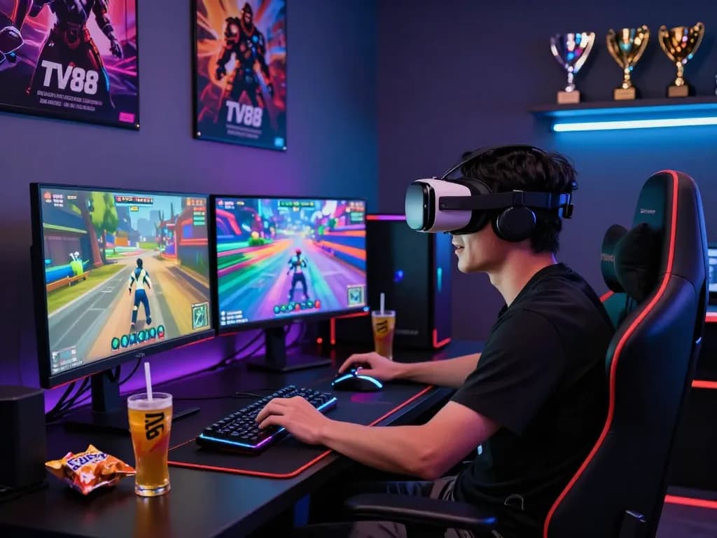 Gamer immersed in Game tv88 with VR headset and vibrant graphics, showcasing dynamic gaming setup.
