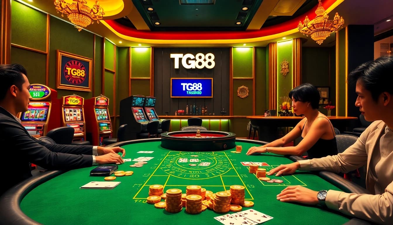 Players enjoying a TG88-themed blackjack game at a luxurious casino table with vibrant lights.