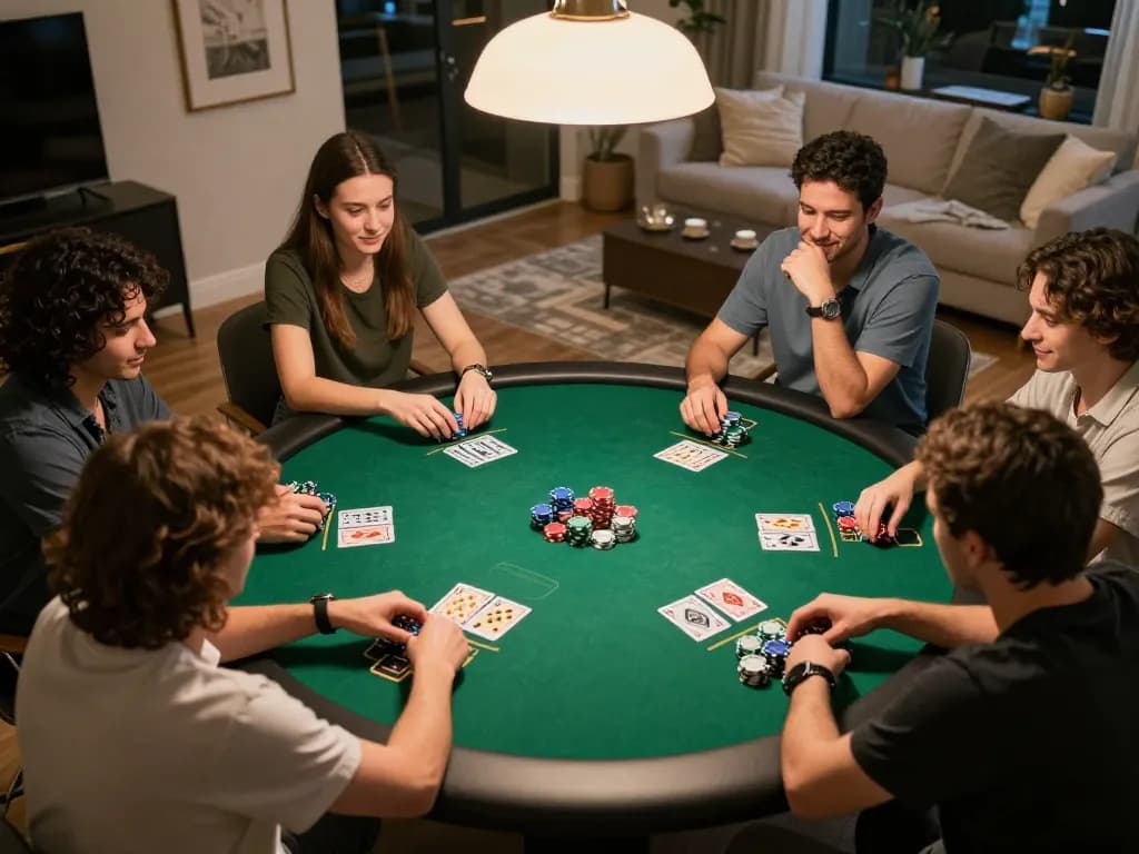 Friends enjoying a lively poker night at home, placing bets and engaging in strategic play on 7-hd