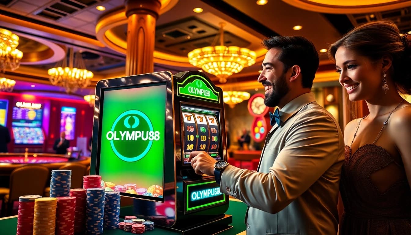 Player enjoying a winning moment at the OLYMPUS88 slot machine in a luxurious casino setting.