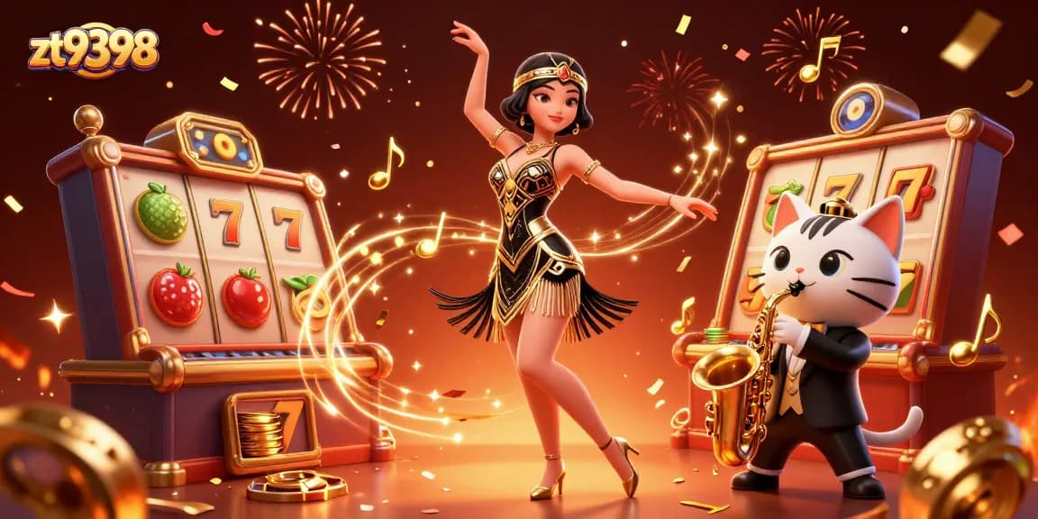 Experience the excitement at zt9398 with vibrant 3D characters, slot reels, and dynamic casino elements.