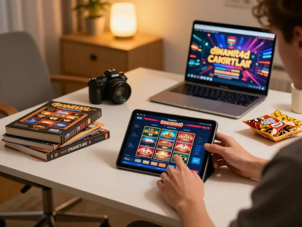 Engaging with dinamit4d casino app on tablet at cozy online gaming setup, showcasing strategic play.