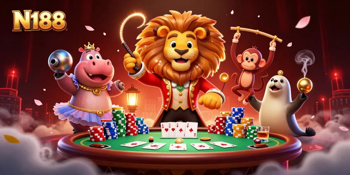 N188 showcases an engaging casino setting with vibrant characters and poker elements in an energetic scene.