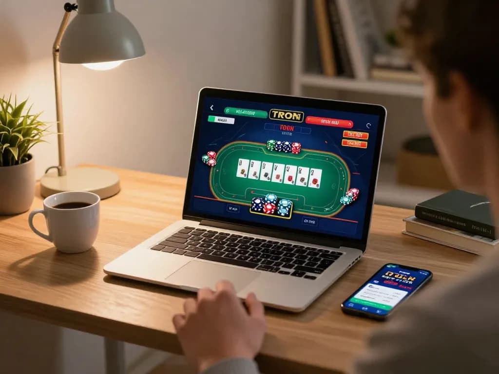 Engaging in TRON gambling on a laptop in a stylish home office during an exciting game.