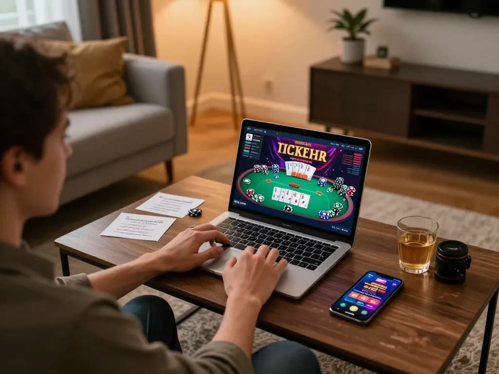 Player using MB66 online casino on a laptop in a cozy living room with poker table interface visible.