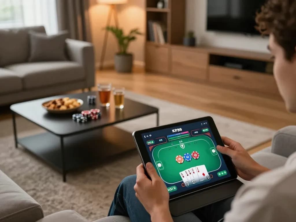 Engaging with the KP88 app for poker gameplay in a cozy home setting with snacks.