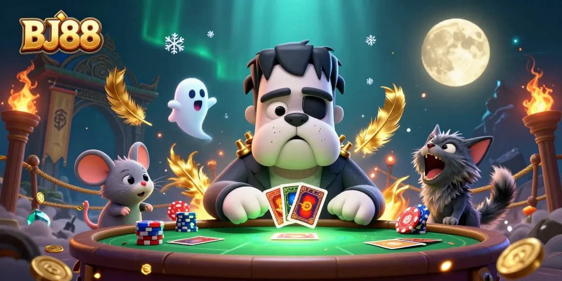 BJ88 players enjoy card games with a 3D Frankenstein bulldog dealer, enhancing the casino experience.