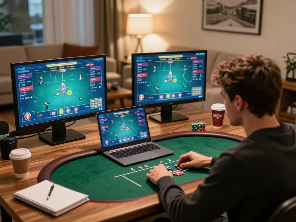 Player strategizing during an online poker game at non gamstop casinos, showcasing cozy home setup.