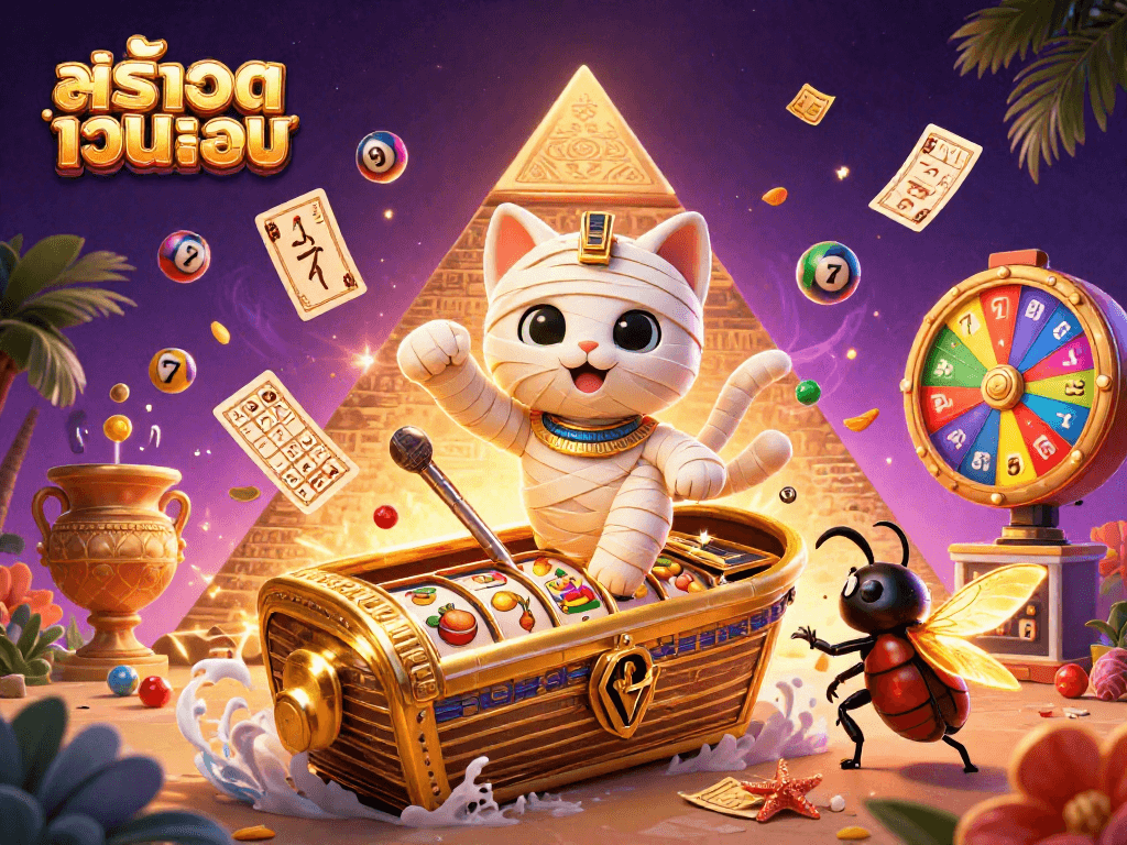 Exciting scene of สล็อตเว็บตรง featuring an Egyptian mummy cat, glowing scarab beetle, and dynamic slot reels.