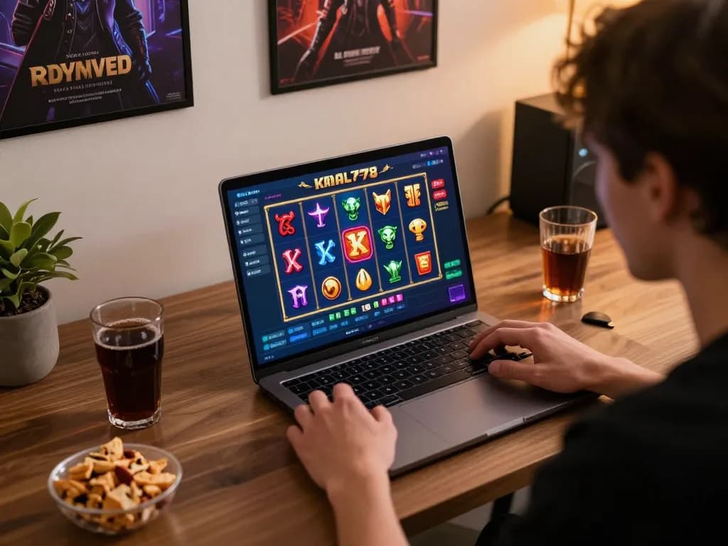 KADAL778 gameplay showcasing vibrant online slot action on a player's laptop at home.