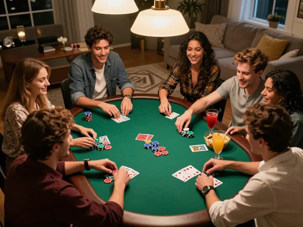 Friends enjoying GEMWIN poker night gameplay, focused on cards and chips, vibrant social atmosphere.