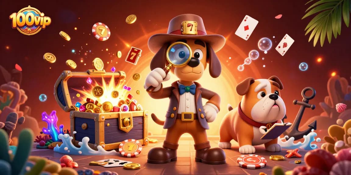 Experience 100vip's thrilling slots in an engaging detective scene amidst gold treasures.