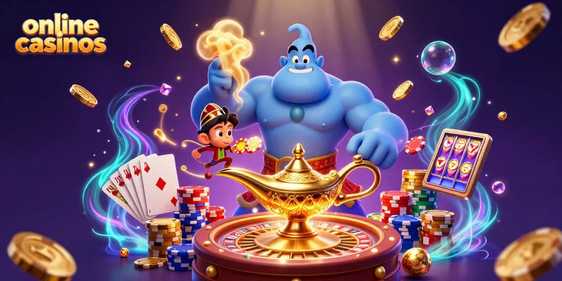 Engage with online casinos through vibrant scenes of luck with a 3D genie, poker chips, and golden treasures.