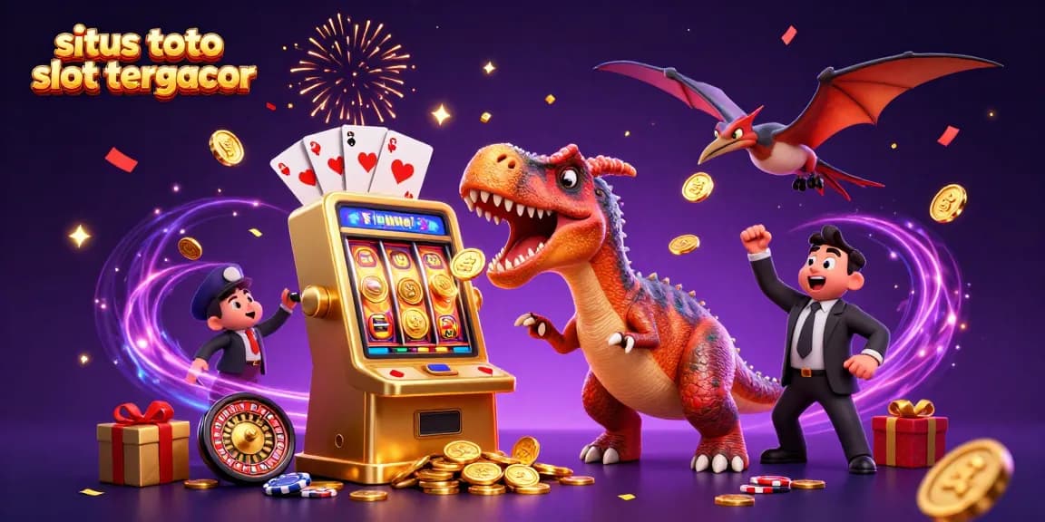 Experience winning at situs toto slot tergacor with a dynamic scene of dinosaurs and golden slot machines.