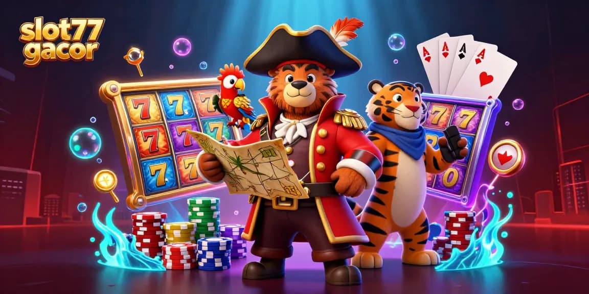Experience thrilling gaming with slot77 gacor, featuring vibrant slot reels and adventurous characters in play.