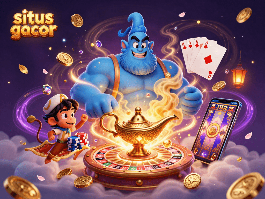 Engage in vibrant gambling action with situs gacor as a genie, monkey, and luck-filled casino elements captivate players.