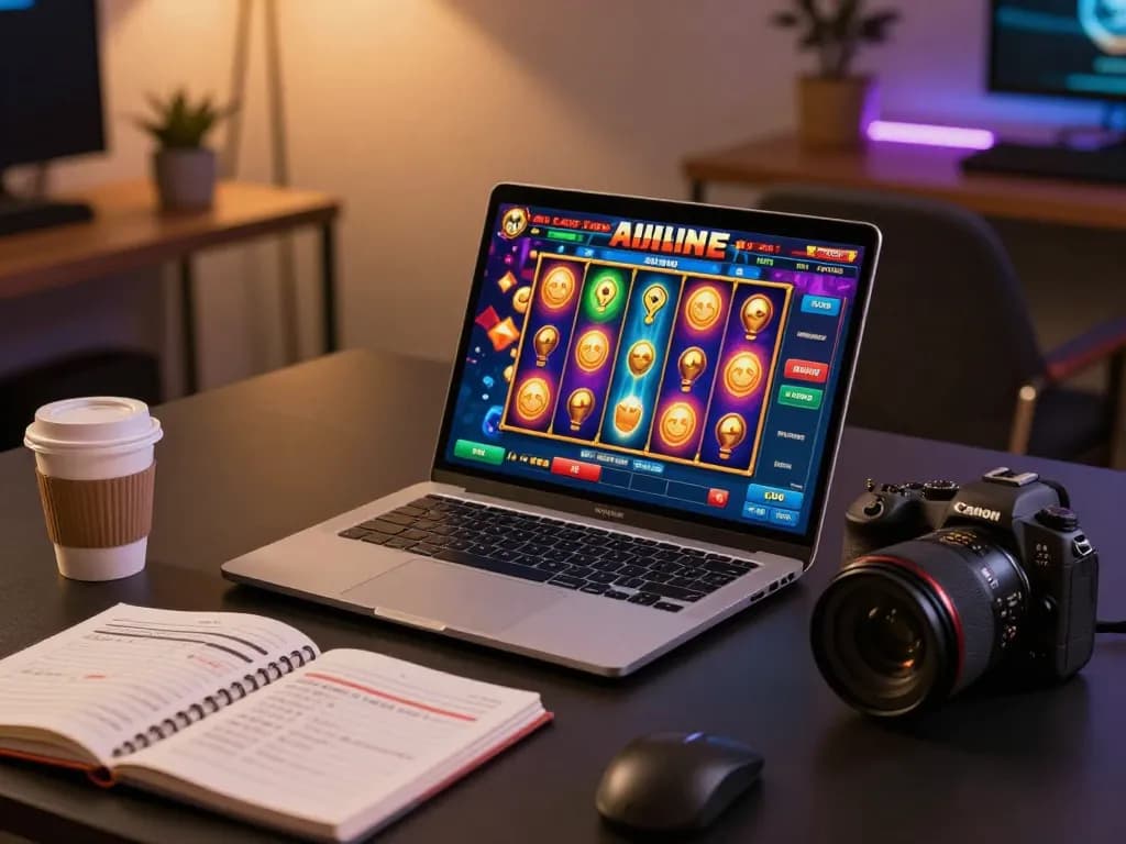Engaging gameplay of slot gacor viral with vibrant graphics on a laptop screen and strategic insights nearby.