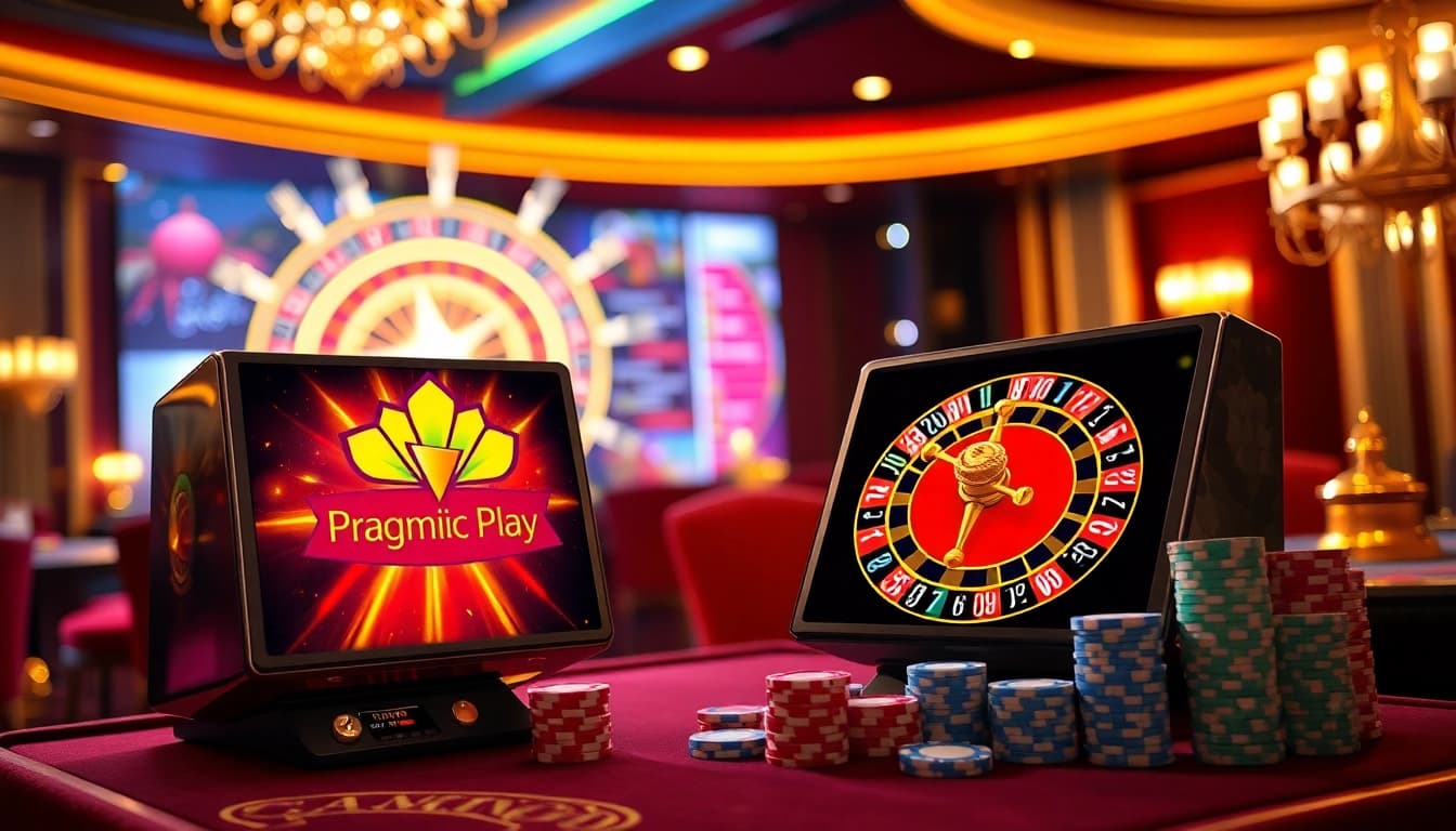 Excited players engaging with Pragmatic Play's vibrant slot games and roulette wheel in a luxurious casino setting.