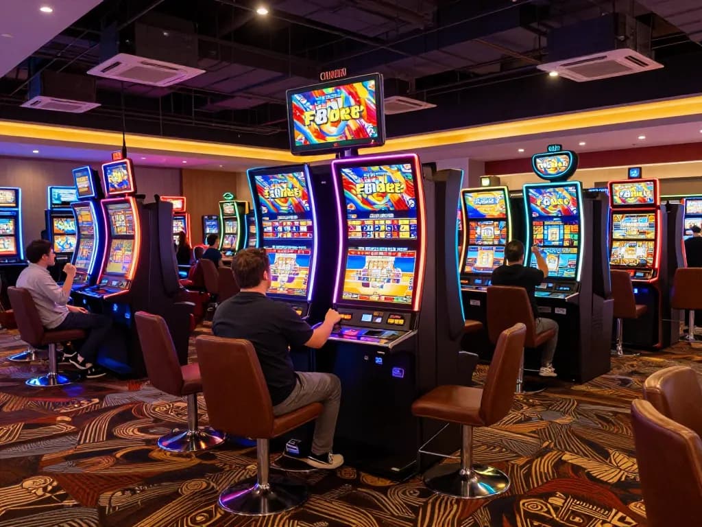 Engaging players enjoying vibrant slot machines at F8bet casino.