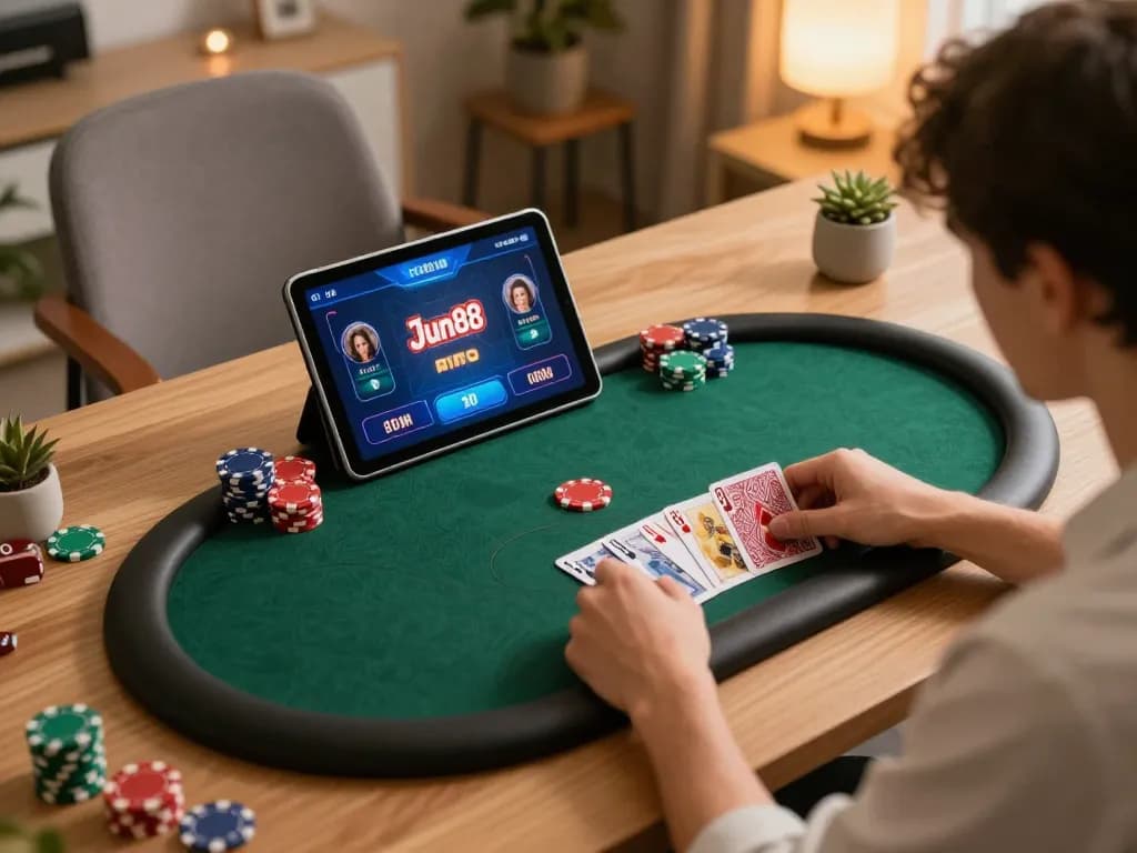 Playing online poker on Jun88 tablet in a cozy home setting with strategic focus and casual ambiance.