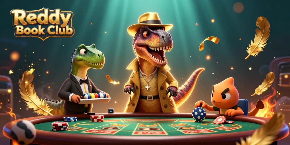 Bet on sports with Reddy Book Club as a velociraptor sneaks chips at a lively betting table.