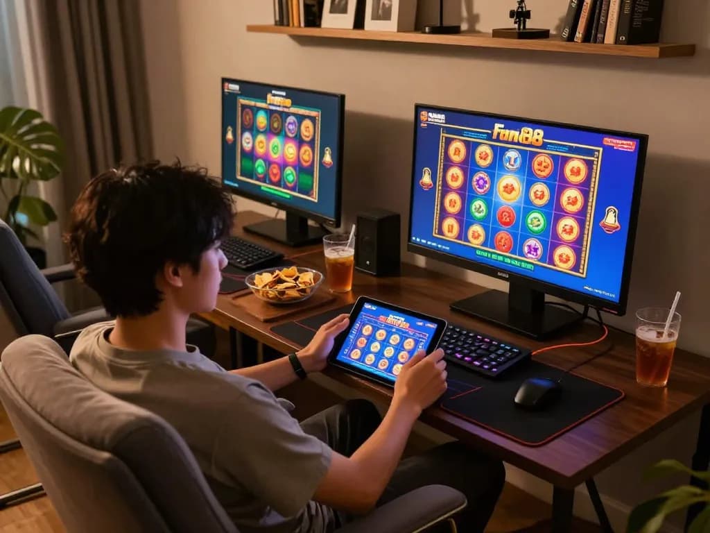 Engaging gameplay on Fun88 online casino app showcasing vibrant slot games and cozy setup.