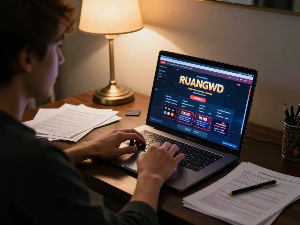 Engaging online gambling session at home featuring RUANGWD casino interface on laptop.