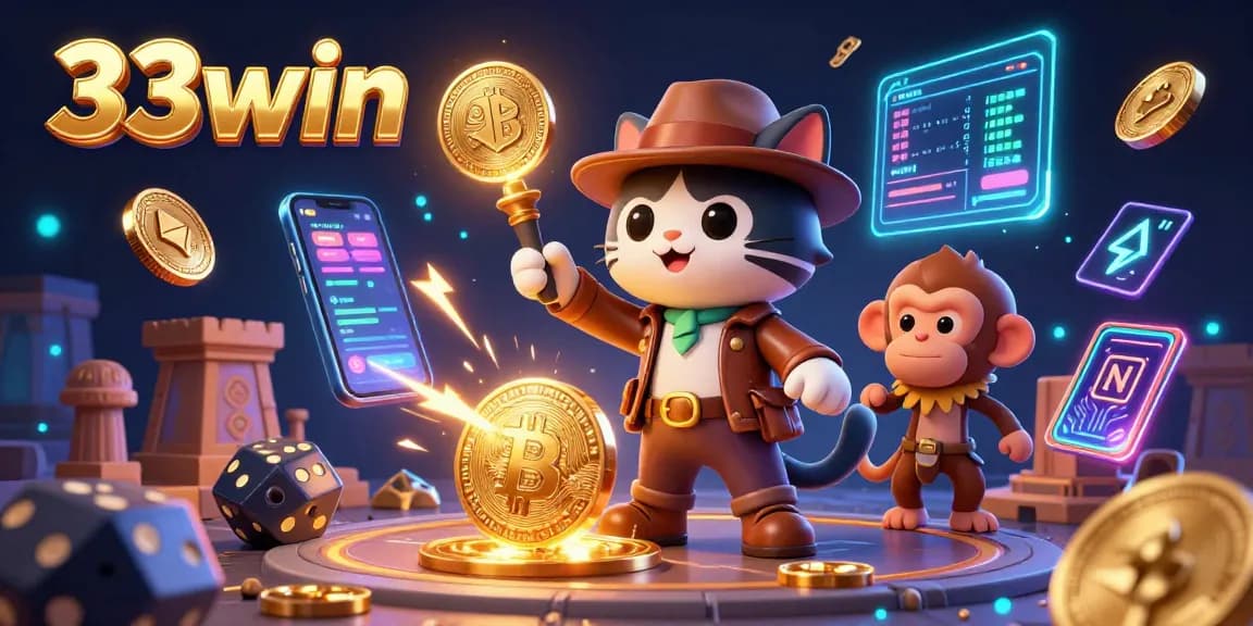 Engage with 33win's thrilling casino adventure featuring an explorer cat and monkey in a treasure-filled temple.