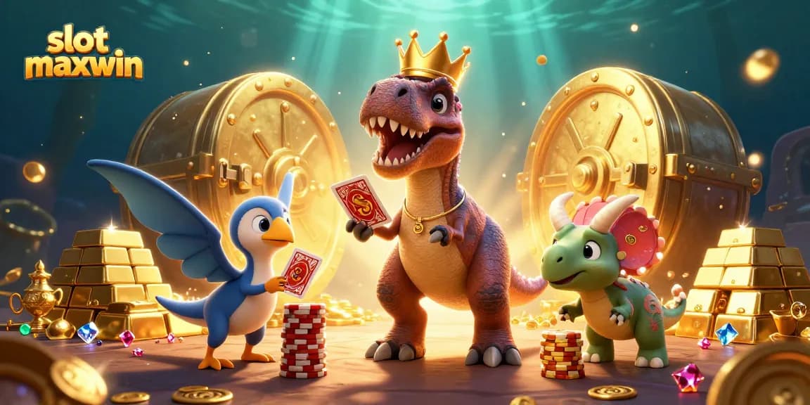 Putar jackpot slot maxwin dengan karakter lucu dan tumpukan koin emas.
