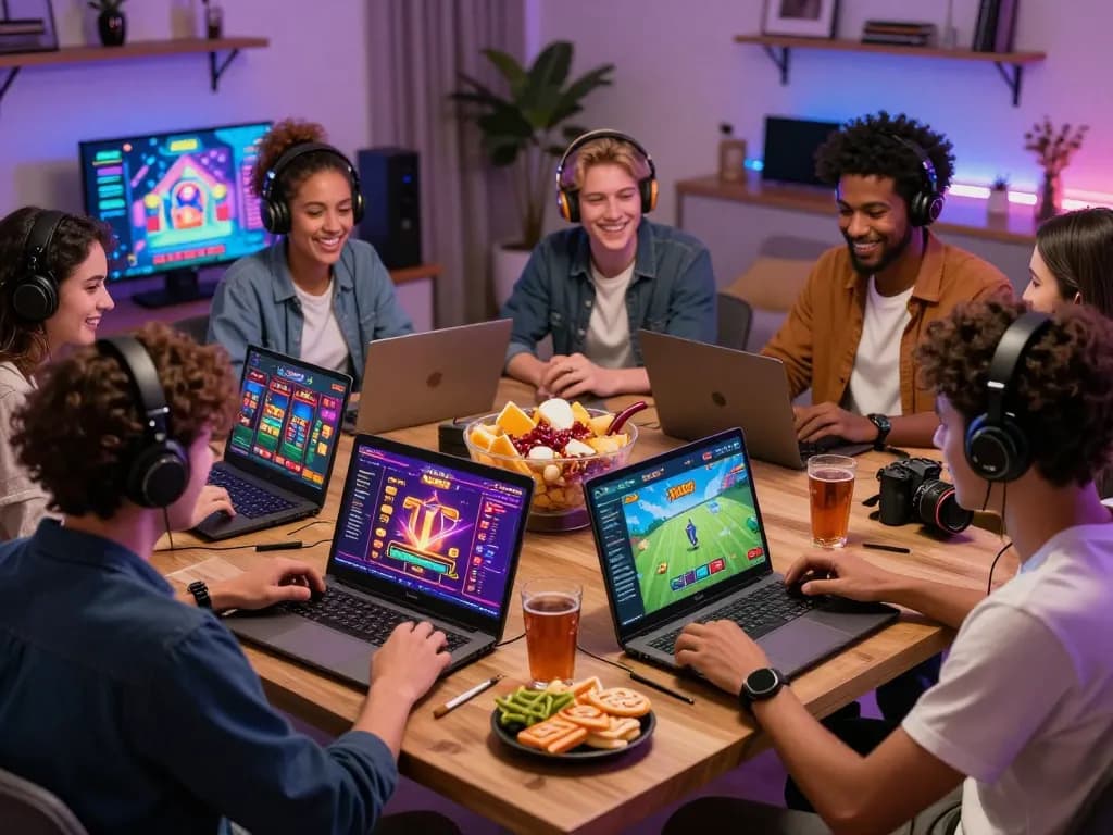 Engage in thrilling gaming at https://xx88jp.com/ with friends amidst a lively, vibrant setting.