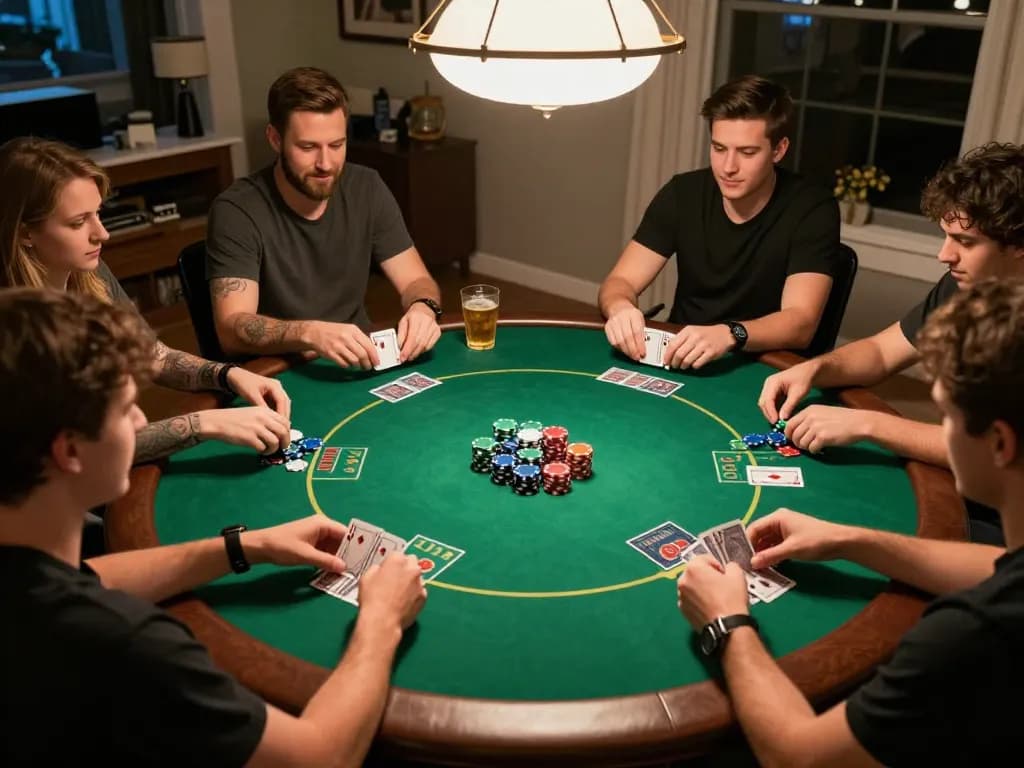 Players enjoying a home poker game with tr88vina chips, capturing the excitement of strategic gameplay and social interaction.