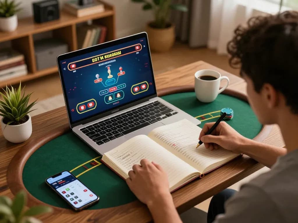 Engaging player analyzing angka keluaran sgp while enjoying online poker at home.