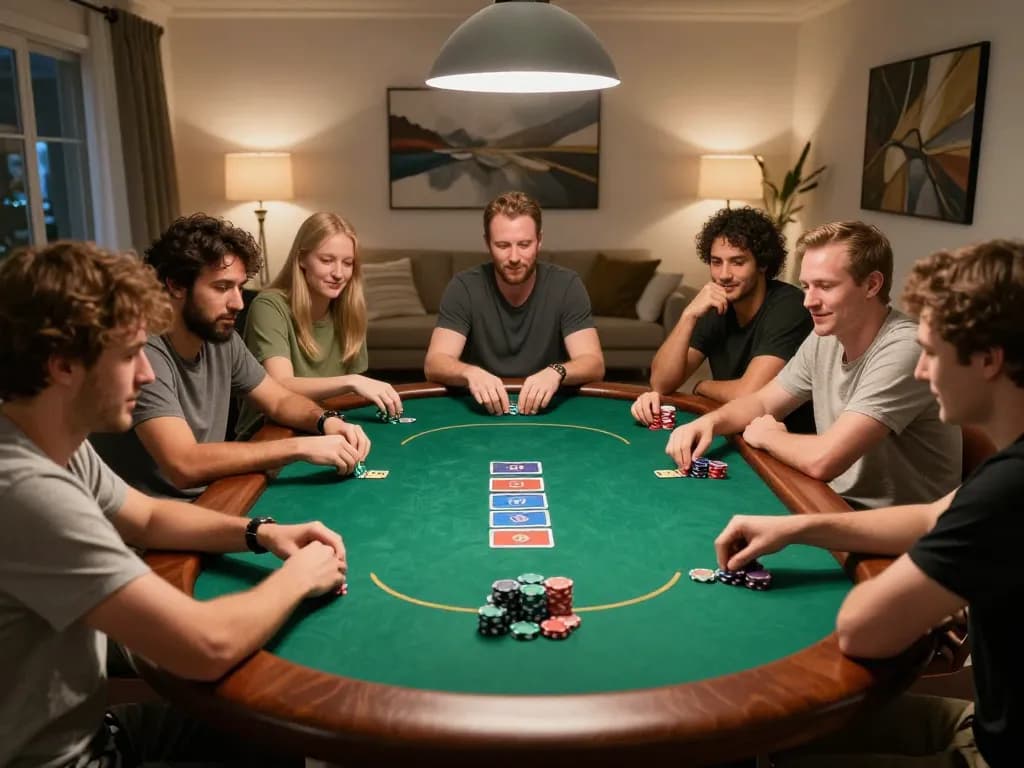 Players engaging in an exciting home poker game night featuring mb88slot action, vibrant chips stacked high.