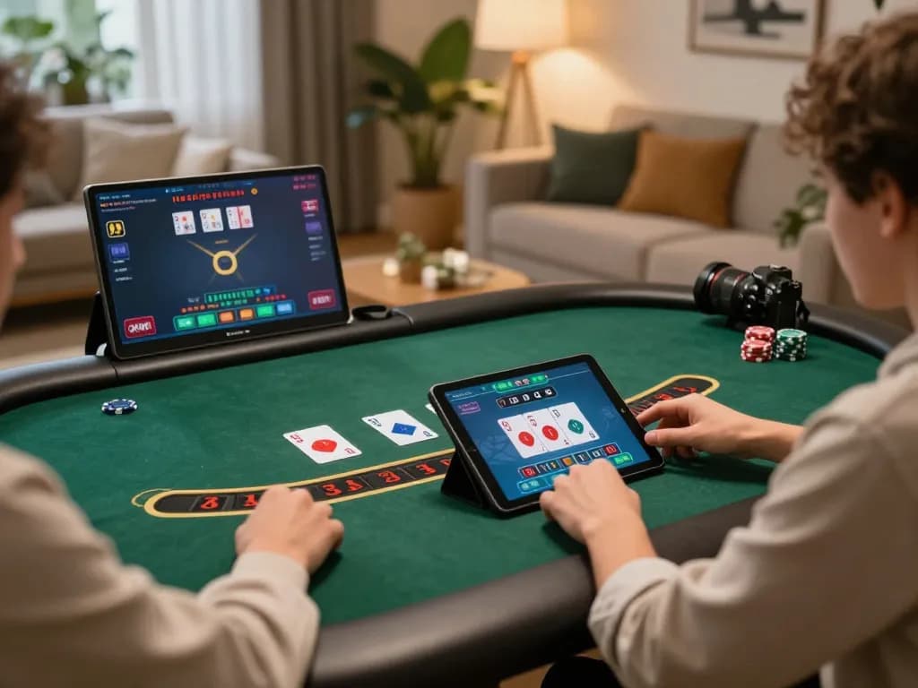 Engaged player enjoying Canada online casinos at home with a virtual blackjack table on tablet