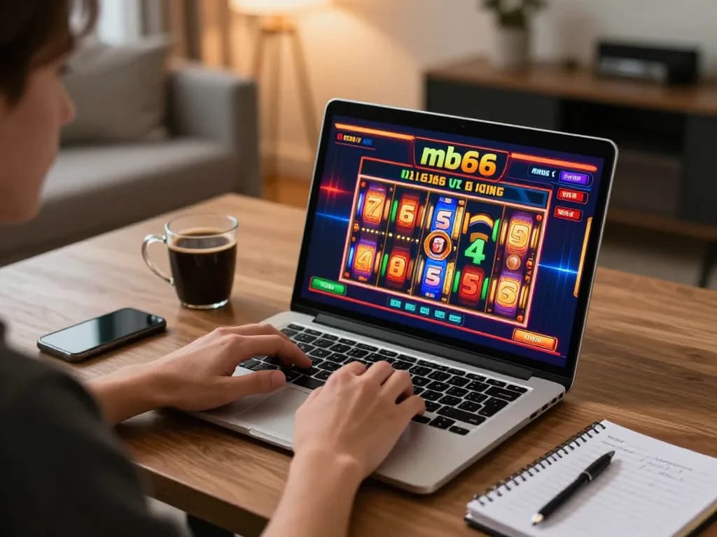 Player engaging in mb66 online casino gameplay, colorful slot machine displayed on laptop screen, cozy home atmosphere.