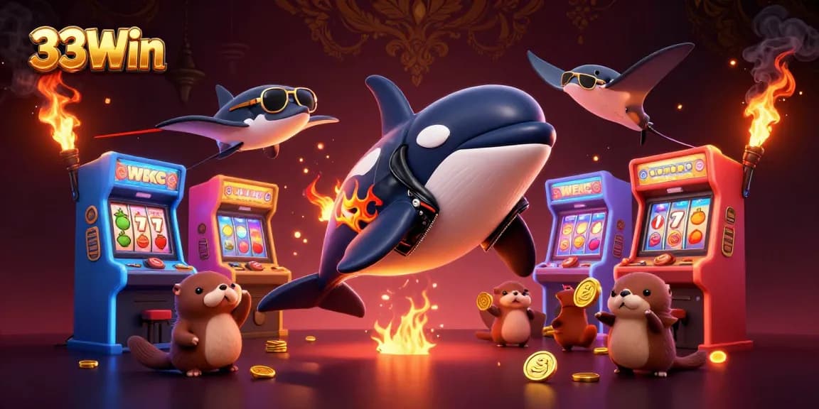 Engage with 33Win's vibrant casino atmosphere featuring an orca whale, stingray, and otters with golden coins.