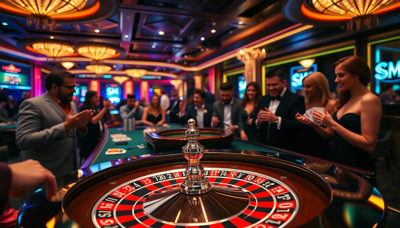 S8 players enjoying thrilling games at a vibrant casino table with roulette and poker elements.