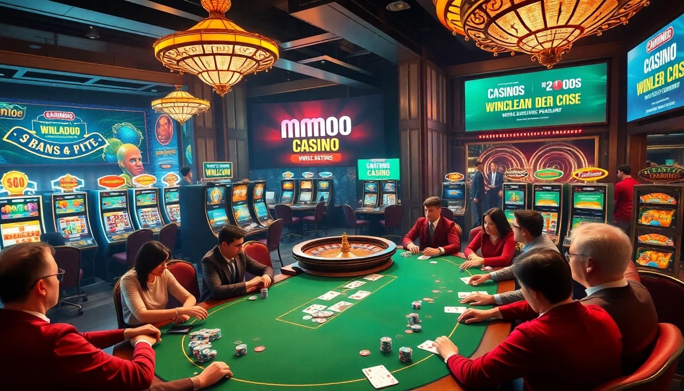 See excitement at https://mmoo1.de.com/ as players enjoy high-stakes poker, vibrant slot machines, and a glowing roulette wheel.